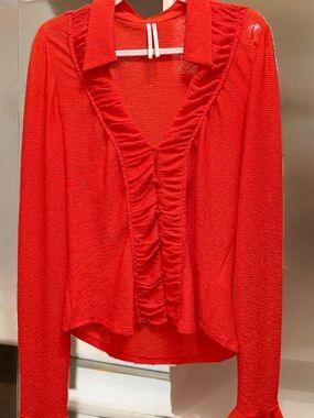 Anthropologie Reddish Orange Ruffle-Front Women’s Top